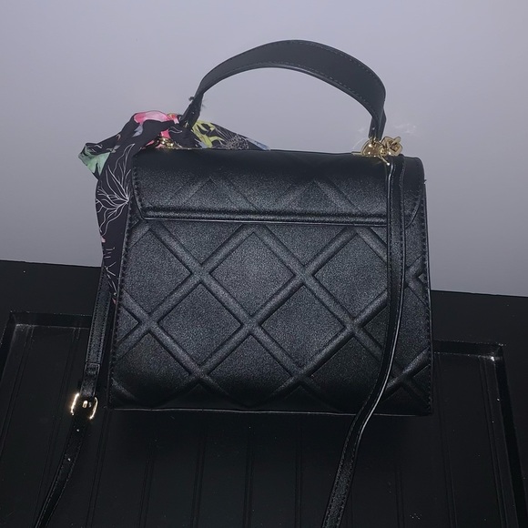 Betsey Johnson Black Quilted Heart Crossbody Bag with Floral Scarf Accent - Picture 2 of 5